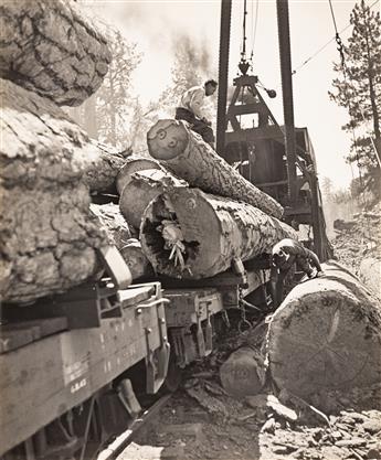 BERENICE ABBOTT (1898-1991) View of Logger using a McGiffert Log Loader, CA * View of Logger Preparing to cut, CA, (Pair).